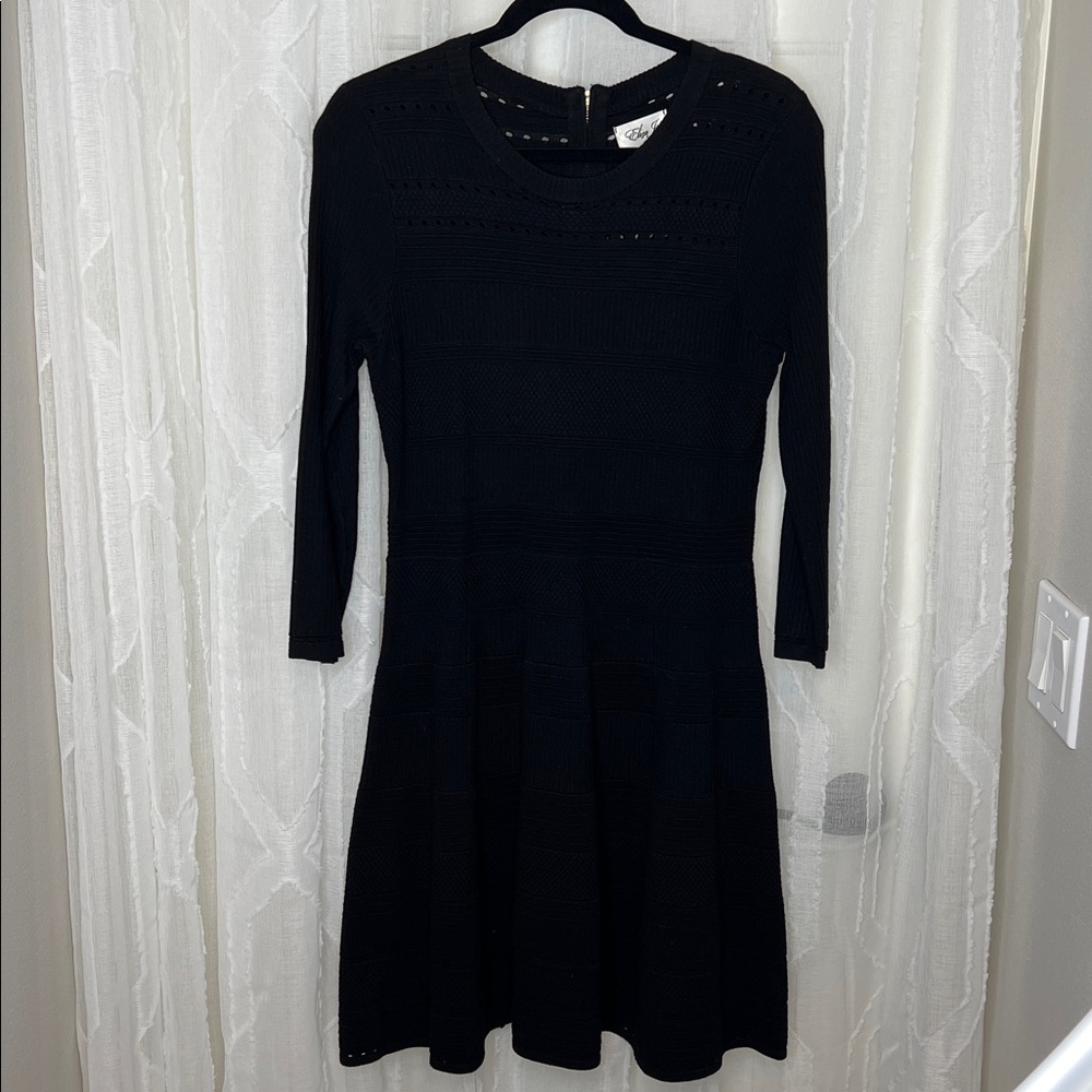 Eliza J Black Fit & Flare Sweater Dress- Sz L | Cut-out Detail | Long Sleeve LBD